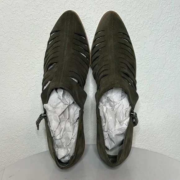 1. STATE ARNET OLIVE SUEDE LASER CUT POINTED TOE HEELED ANKLE BOOTIE - Picture 9 of 14